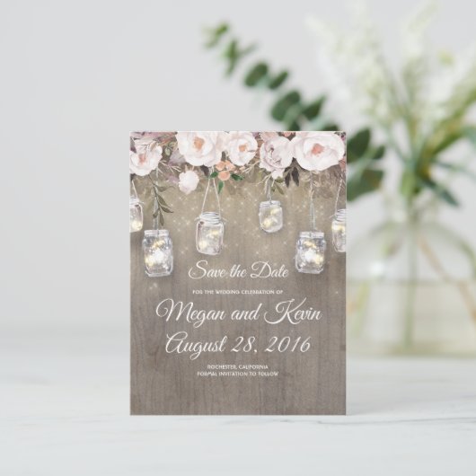 Bloemen Mason Jar Lights Rustic Save the Date Aankondigingskaart (Staand voorkant)