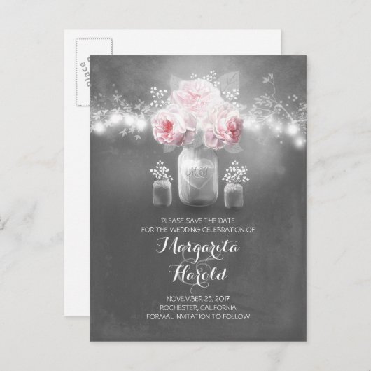 Bloemen mason potje lampjes rustiek save de datum aankondigingskaart (Voorkant / Achterkant)