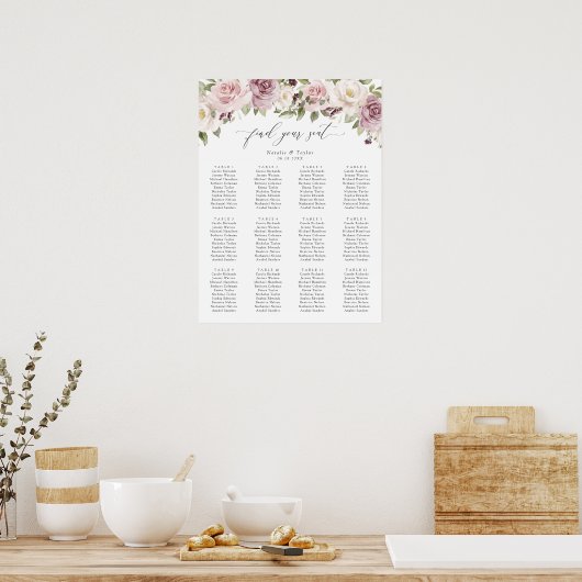 Bloemen Mauve Blush Groen Bruiloft Zitkaarten Poster (Keuken)