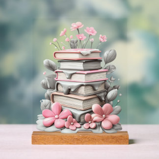 Bloemen met boeken - Acrylic Sign met blok