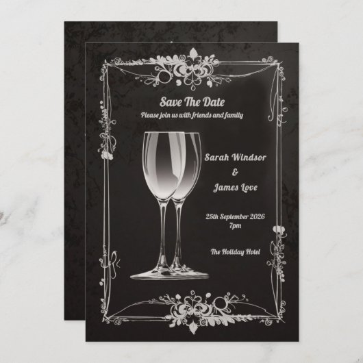 Bloemen Met Zilveren Champagne Toast Kaart (Voorkant / Achterkant)