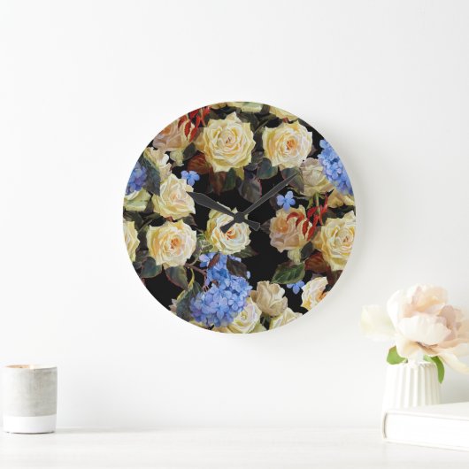 Bloemen modern patroon, witte rozen, blauwe horten grote klok (Huis)