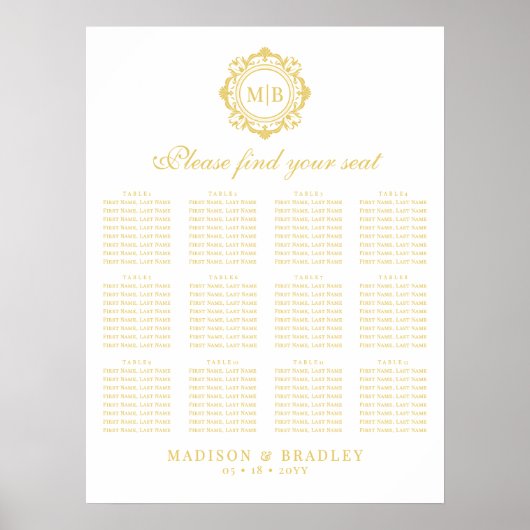  Bloemen Monogram Goud Trouwstoel Grafiek Poster (Voorkant)
