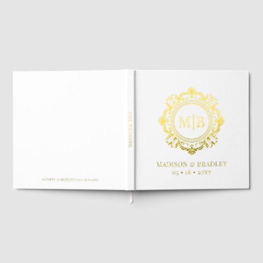 Bloemen Monogram Huwelijk Elegant Goud Wit Gastenboek (Volledig)