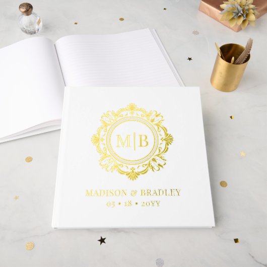Bloemen Monogram Huwelijk Elegant Goud Wit Gastenboek (Voorkant open)
