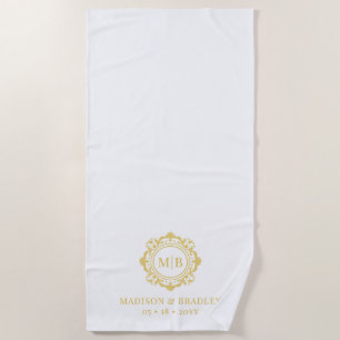Bloemen Monogram Huwelijk Elegant Goud Wit Strandlaken