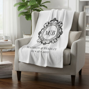  Bloemen Monogram Huwelijk Elegant Zwart Wit Fleece Deken