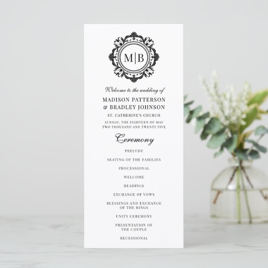  Bloemen Monogram Huwelijk Elegant Zwart Wit Programma (Staand voorkant)