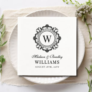 Bloemen Monogram Huwelijk Elegant Zwart Wit Servet