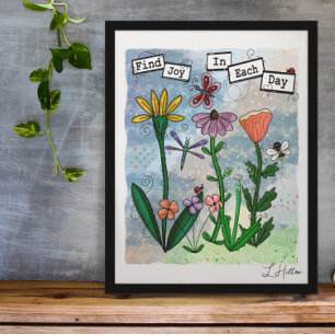Bloemen, muzieknoten en Joy Artwork Poster