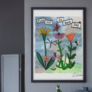 Bloemen, muzieknoten en Joy Artwork Poster