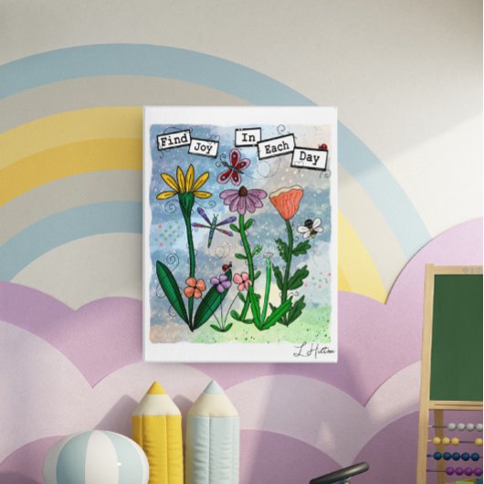 Bloemen, muzieknoten en Joy Artwork Poster