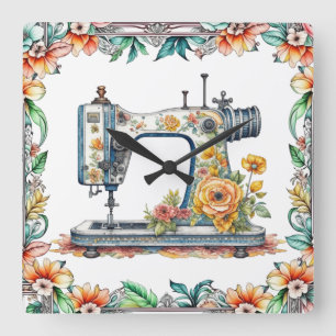 Bloemen  Naaimachine en Bloemen Vierkante Klok
