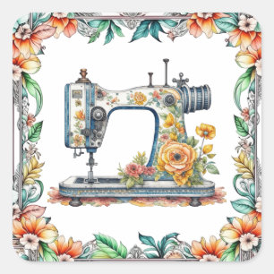  Bloemen  Naaimachine en Bloemen Vierkante Sticker