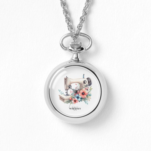  Bloemen Naaimachine Monogrammed Custom Horloge (Voorkant)