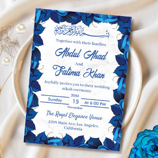 Bloemen Navy Blauw en Wit Marmer Moslim Bruiloft Kaart