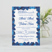 Bloemen Navy Blauw en Wit Marmer Moslim Bruiloft Kaart (Staand voorkant)