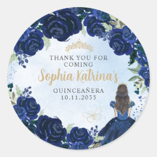 Bloemen Navy Blauw Goud Quinceanera Verjaardagsgun Ronde Sticker