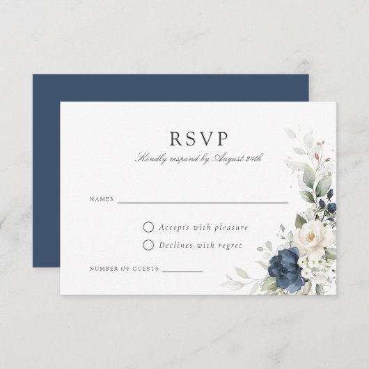 Bloemen Navy Blauw Groen Goud Bruiloft RSVP Kaart (Voorkant / Achterkant)