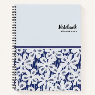   Bloemen Navy Blauw Wit Patroon Notitieboek