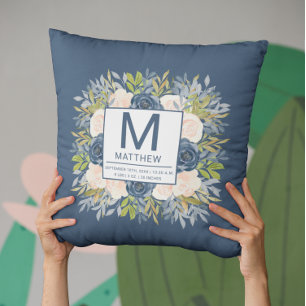 Bloemen Navy Blue Geboortestatistieken Pasgeboren  Kussen