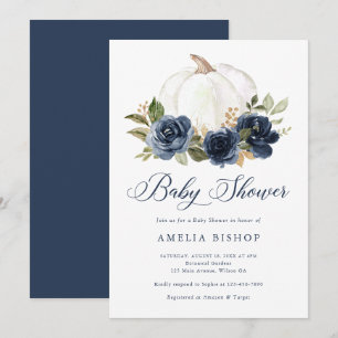 Bloemen Navy Blue Pumpkin Gold Leaf Baby shower Kaart