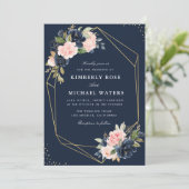 Bloemen Navy & blush waterverf geometrische bruilo Kaart (Staand voorkant)