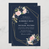 Bloemen Navy & blush waterverf geometrische bruilo Kaart (Voorkant / Achterkant)