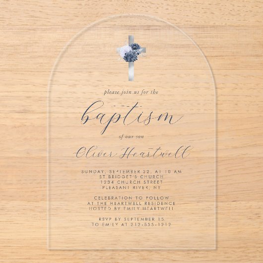 Bloemen Navy Dusty Blue Silver Cross Jongens Doop Acryl Uitnodigingen (Voorkant)