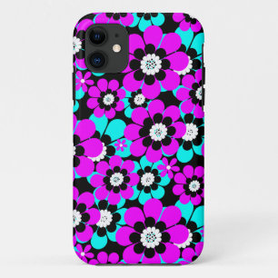 Bloemen Neon Patroon Paarse en Turquoise Bloemen iPhone 11 Hoesje