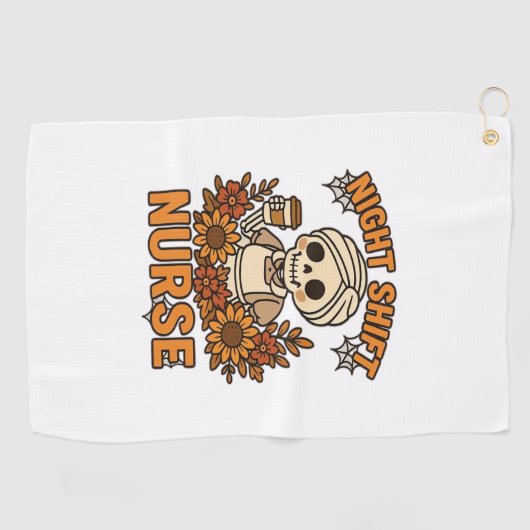 Bloemen Night Shift Nurse Skeleton Halloween RN Nu Golfhanddoek (Horizontaal)