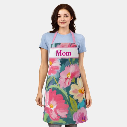 Bloemen op blauw schort (Gedragen)