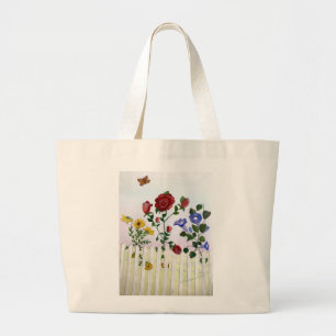 Bloemen op een Houten Hek Waterverfschildering Grote Tote Bag
