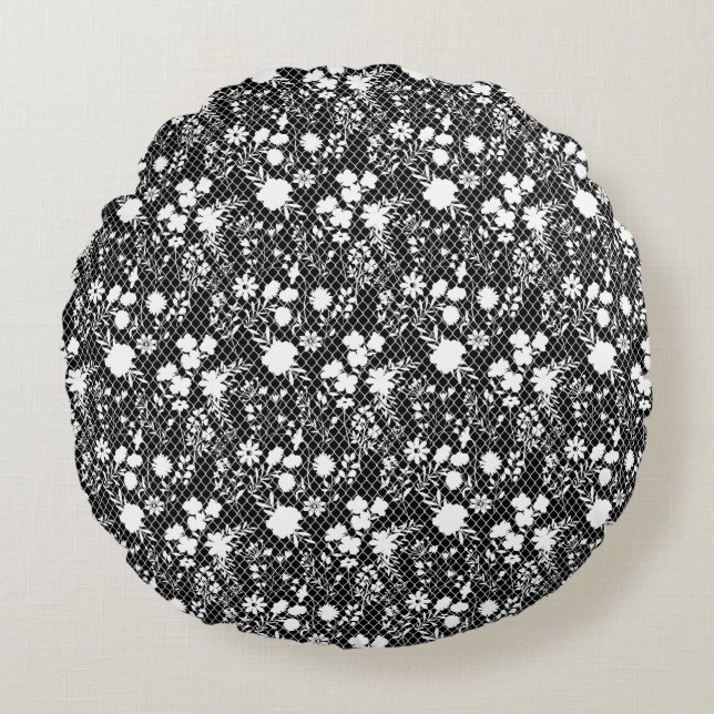 Bloemen op net 01.bx4 Black BG Rond Kussen (Voorkant)