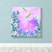 Bloemen op paars met libellen canvas afdruk (Insitu (Houten vloer))