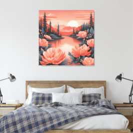 Bloemen op Peach Coral AI-kunst Canvas Afdruk