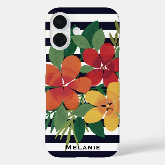 Bloemen op zwart-witte strepen gepersonaliseerd Case-Mate iPhone case (Achterkant)