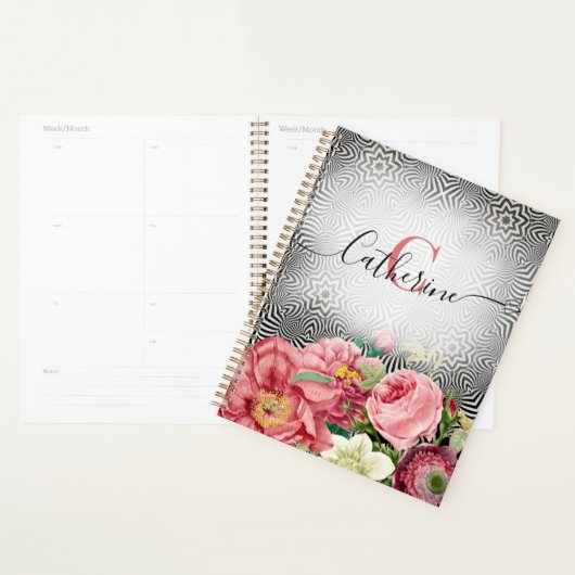  bloemen op zwarte witte naam en monogram planner (Display)