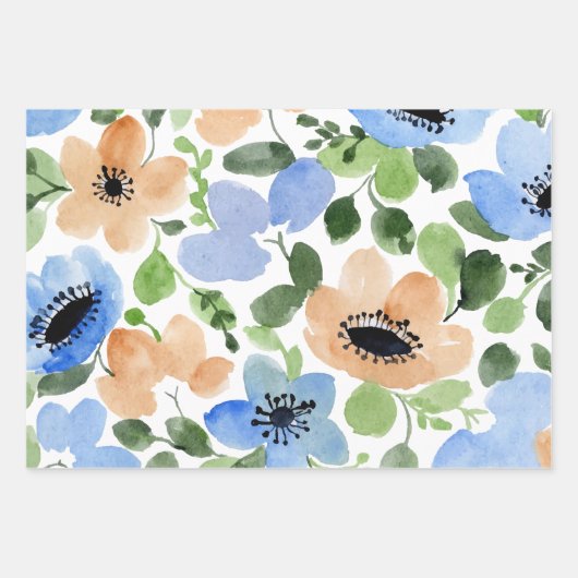 Bloemen over alles, peach, blauw, groene Waterverf Inpakpapier Vel (Voorkant)