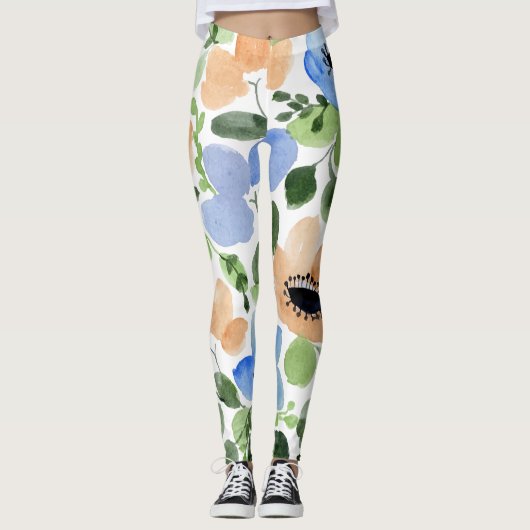Bloemen over alles, peach, blauw, groene Waterverf Leggings (Voorkant)