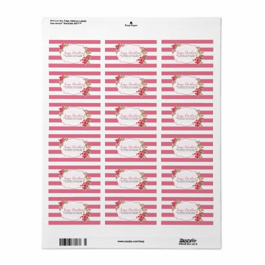 Bloemen over roze en witte strepen etiket (Full Sheet)