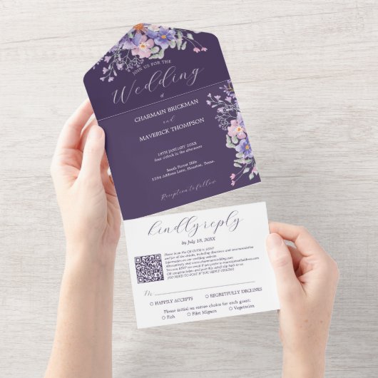 Bloemen Paarse dromen Eenvoudige QR-code Bruiloft All In One Uitnodiging (Afscheurbaar)