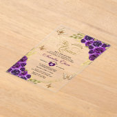 Bloemen Paarse gouden tiara vlinder mis quinceañer Acryl Uitnodigingen (Laagn)