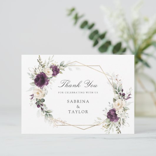 Bloemen Paarse groen bruiloft dank u kaart (Staand voorkant)