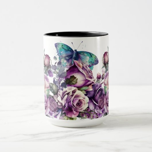 Bloemen Paarse Rozen en Vlinders Mok (Midden)