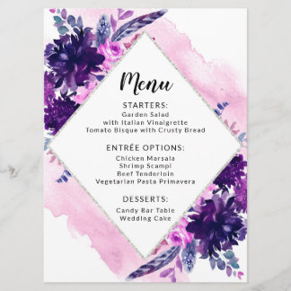 Bloemen Paarse Waterverf Bruiloft Receptie Diner Menu