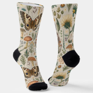 Bloemen paddenstoel en vlinder vintage patroon sokken