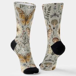 Bloemen paddenstoel en vlinder vintage patroon sokken