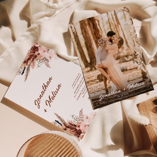 Bloemen Pampas Rust Terracotta Script Foto Bruilof Kaart