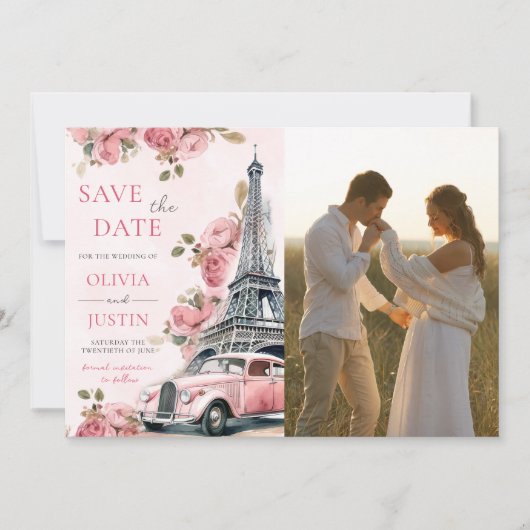Bloemen Paris Eiffeltoren Save The Date Foto  Kaart (Voorkant)